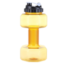 Suporte para alimentos e bebidas Nuolux em formato de haltere amarelo, ideal para garrafas de água e lanches.