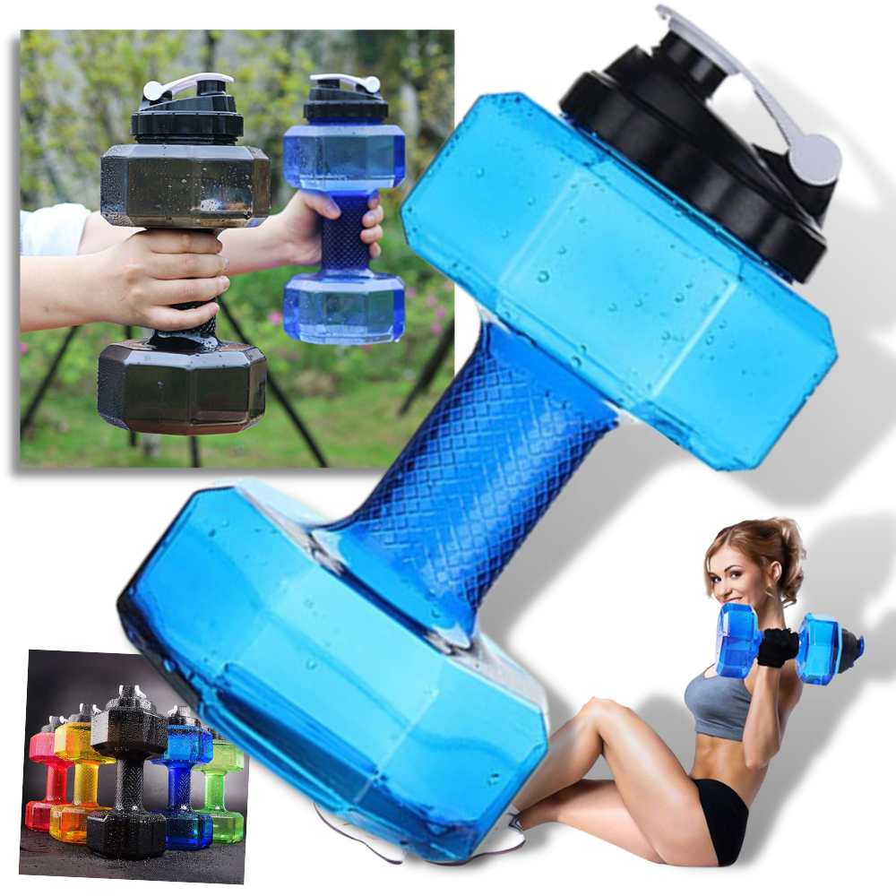 Suporte para alimentos e bebidas Nuolux em forma de haltere, feito de plástico resistente, ideal para transportar água e snacks.