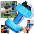 Suporte para alimentos e bebidas Nuolux em forma de haltere, feito de plástico resistente, ideal para transportar água e snacks.