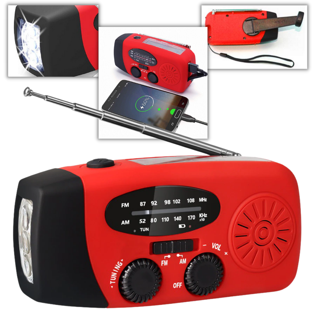 Radio de emergência multifuncional com manivela, rádio AM/FM, lanterna LED e porta USB, marca 3P Experts.