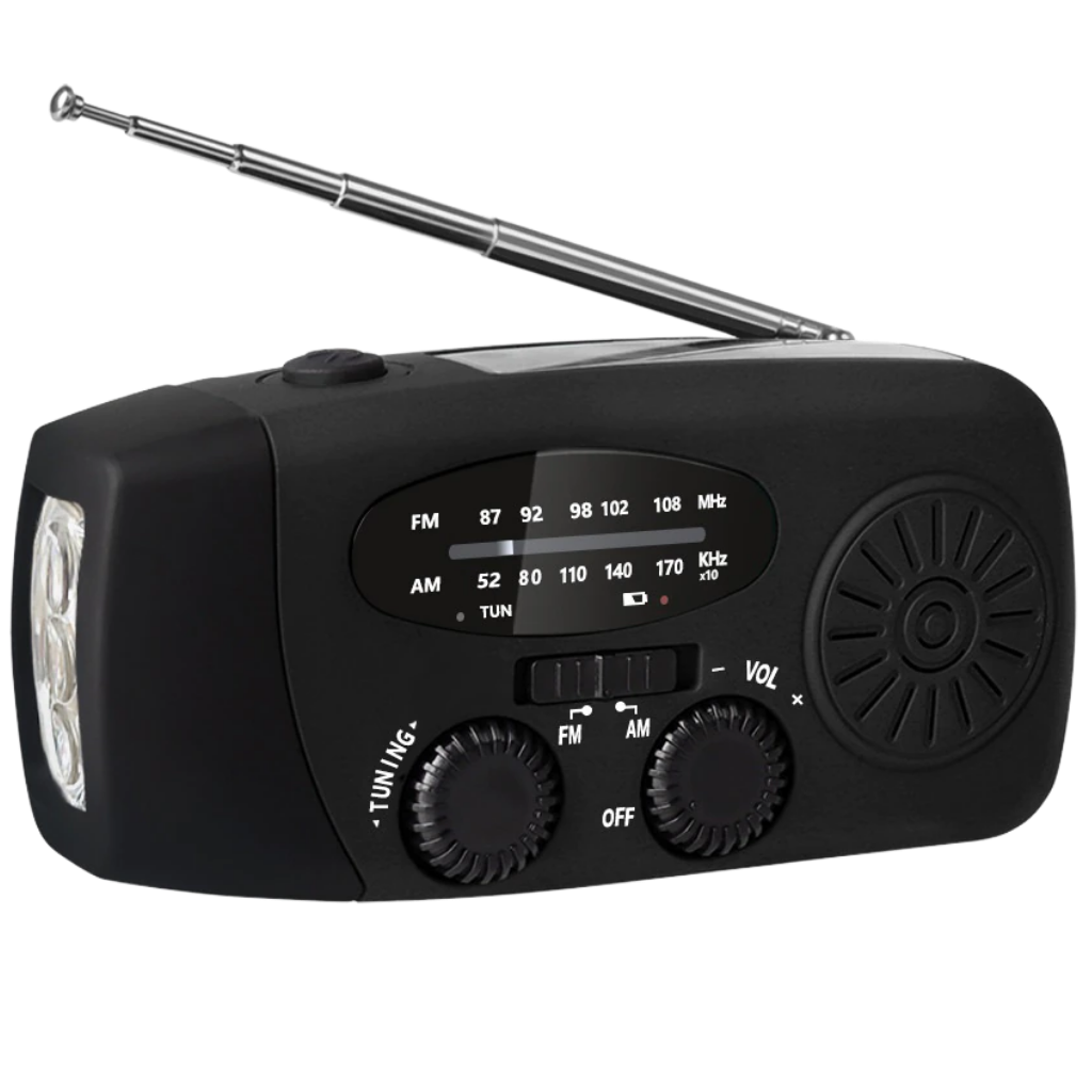 Radio de emergência multifuncional com dynamo da 3P Experts, em acabamento preto, com botões de controle e entrada para fones.
