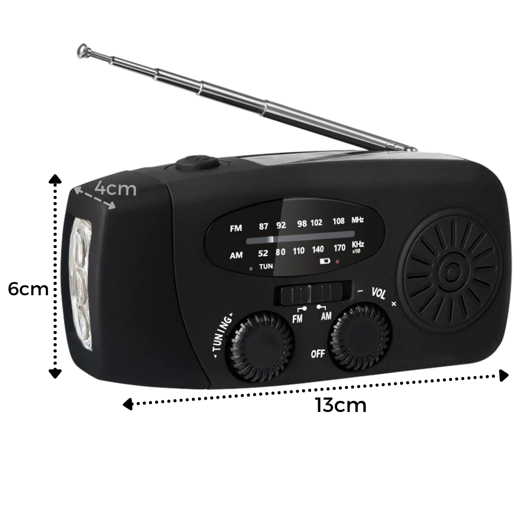 Radio de emergência multifuncional à dynamo da 3P Experts, com botões, tela e entradas para rádio, luz e carregamento.