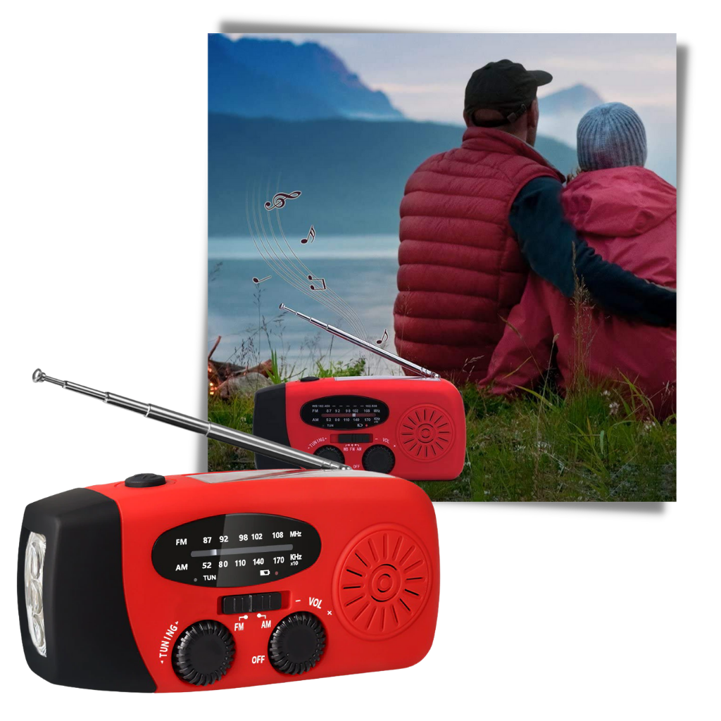 Radio de emergência multifuncional com manivela, display digital e entrada USB, fabricada pela 3P Experts.