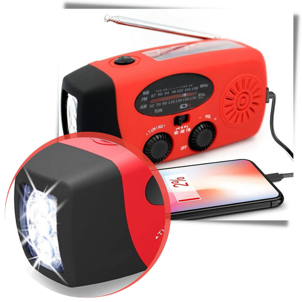 Radio de emergência multifuncional da 3P Experts com lanternas, carregador USB e entrada para cartão de memória, em design compacto.