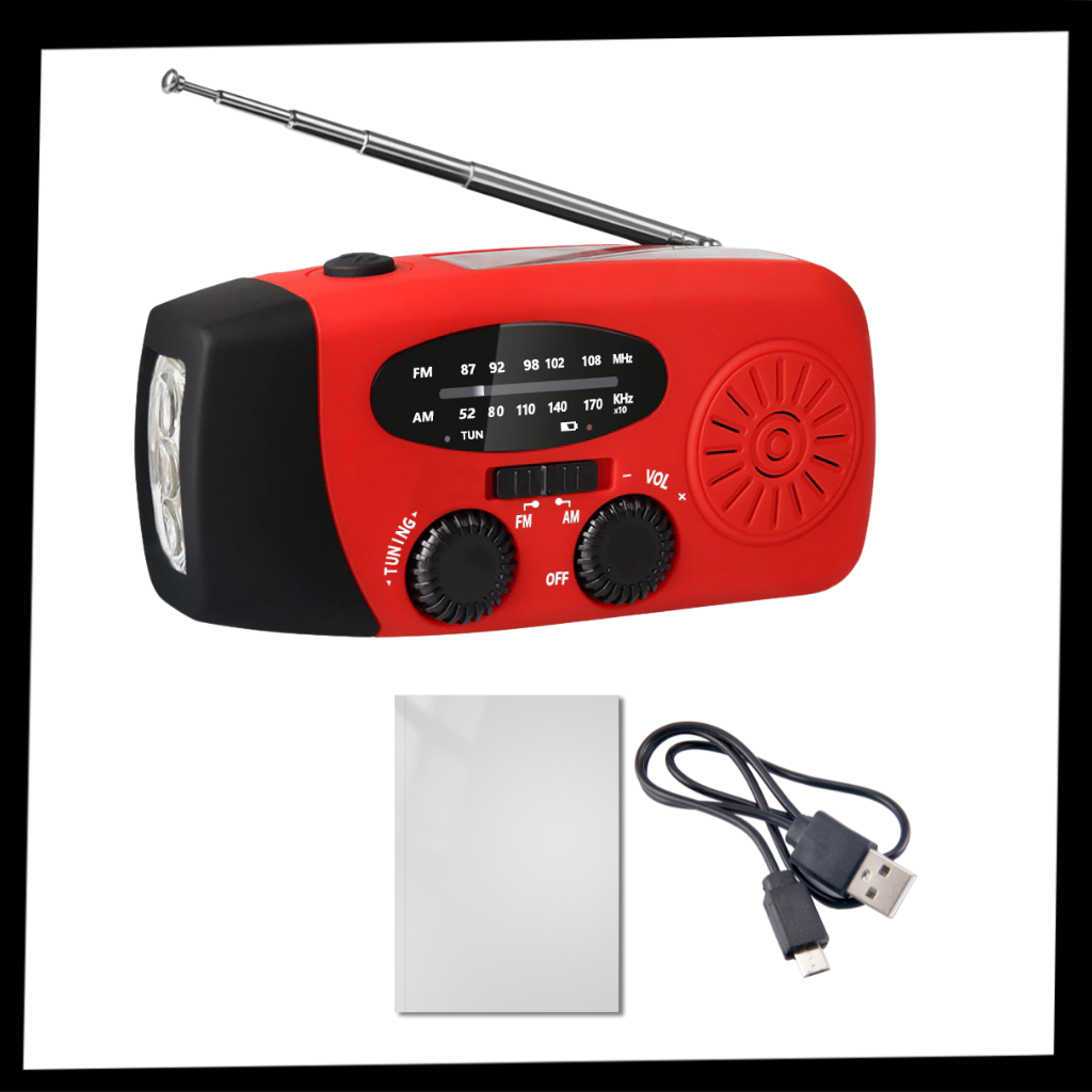 Radio de emergência multifuncional com manivela, mostrador, botões e entrada para fone de ouvido, marca 3P Experts.
