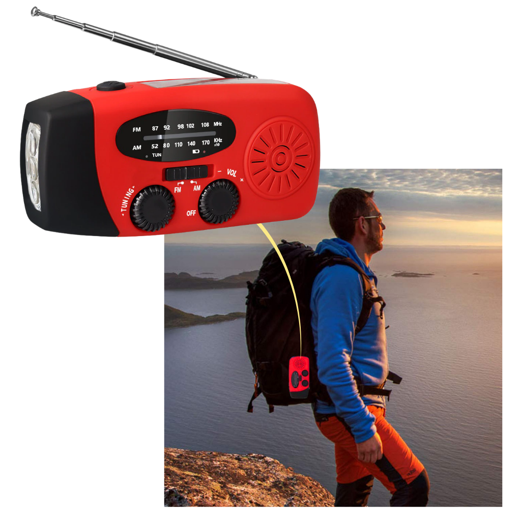Radio de emergência multifuncional da 3P Experts com lanternas, carregador solar e entrada para rádio FM.