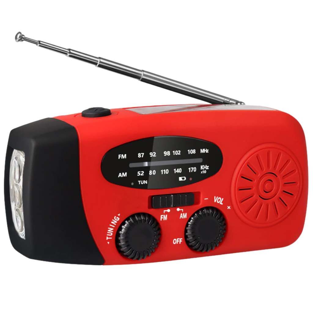 Radio de emergência multifuncional com manivela, luz LED e entrada para celular, marca 3P Experts, cor vermelha.