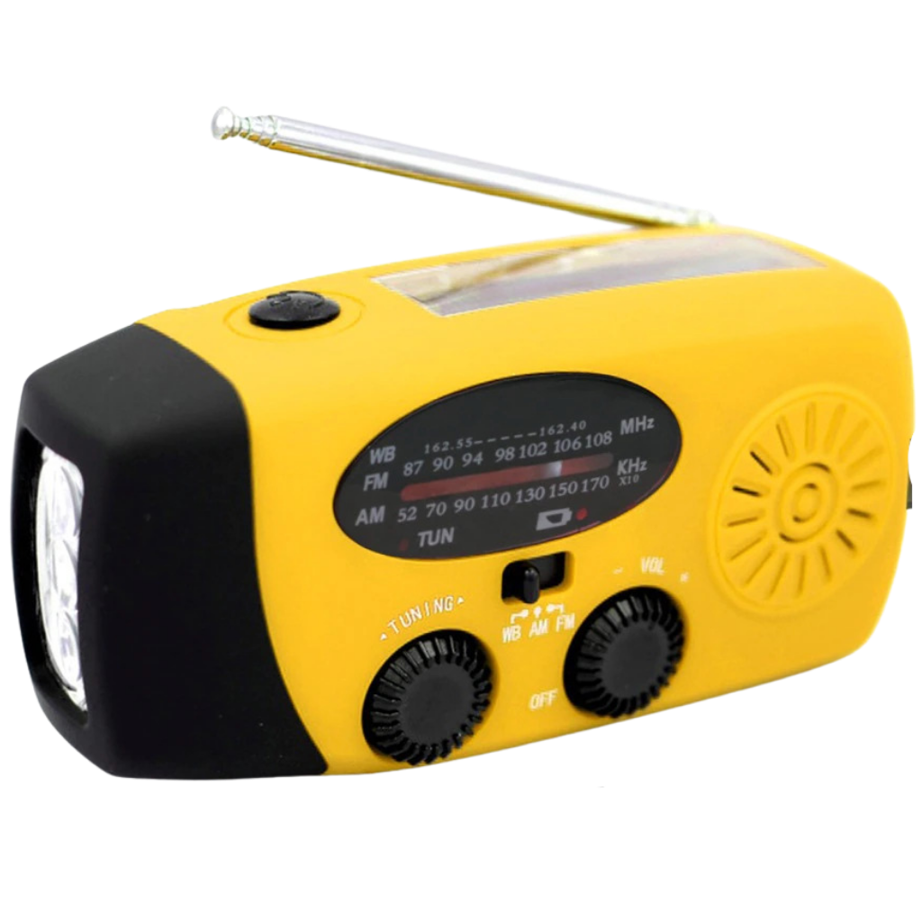 Radio de emergência multifuncional da 3P Experts com manivela, display digital, lanterna e entrada para USB em amarelo
