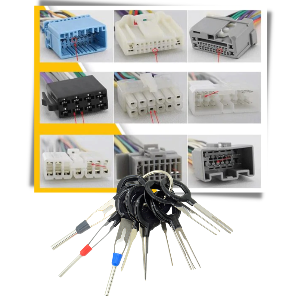 Kit de ejectores de conectores elétricos da Fun For All Llc, com ferramentas universais para desmontagem de conectores eletrônicos.