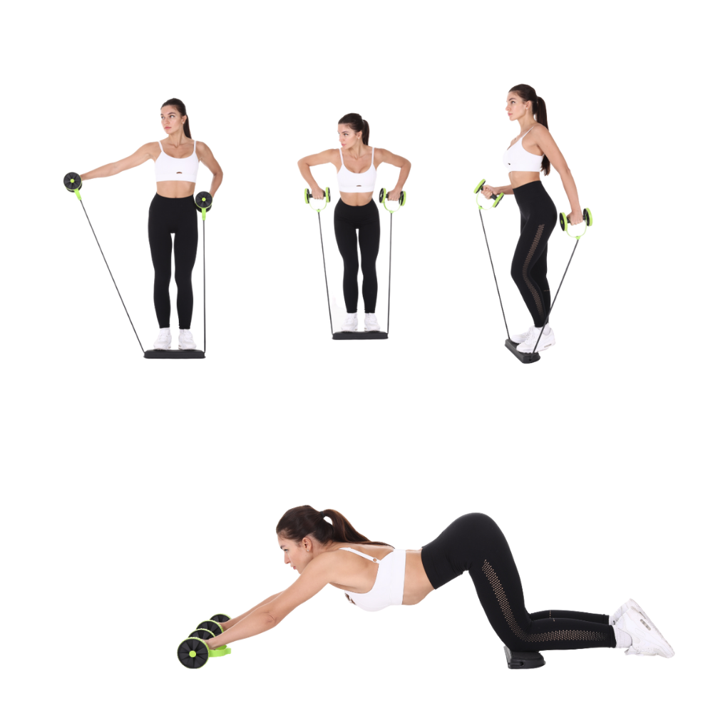Roue abdominal Kazolen com faixas de resistência para exercícios de core e fortalecimento abdominal, vista frontal.