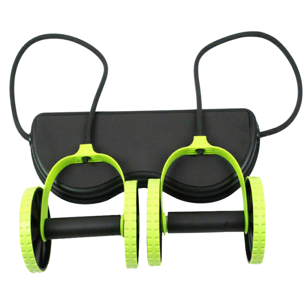 Roue abdominal Kazolen com faixas de resistência para exercícios de core e fortalecimento abdominal, vista da lateral.