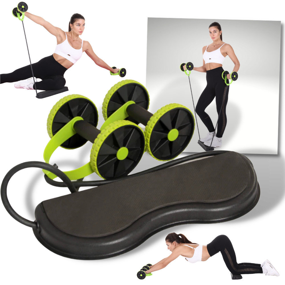 Roue abdominal Kazolen com bandas de resistência para exercícios de fortalecimento do core e abdômen.