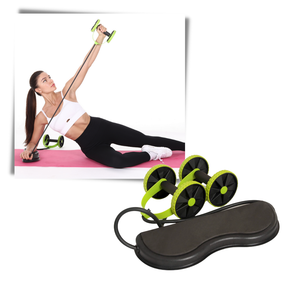 Roue abdominal Kazolen com bandas de resistência, equipamento de treino para fortalecimento do abdômen e exercícios físicos.