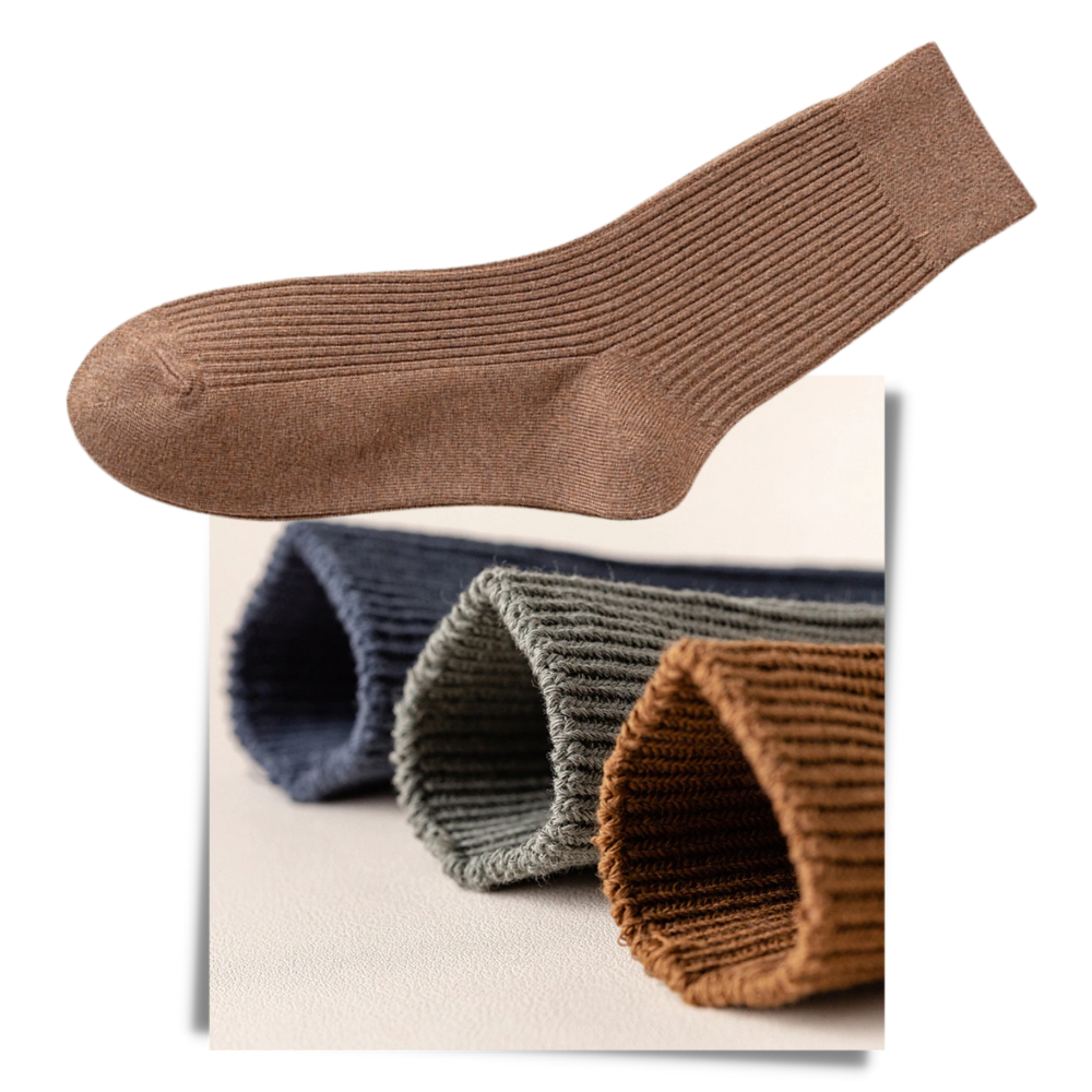 Chaussettes côteladas para homens da Farm To Feet, tecido respirável, mostradas em detalhe na imagem.