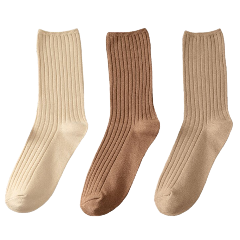 Três pares de meias de algodão com ribana para mulheres, marca Sierra Socks, mostrando detalhes de textura e cores variadas.