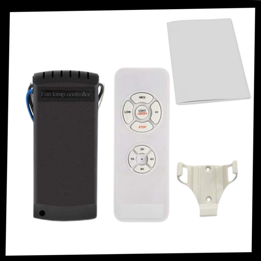 Controle remoto universal da Lphumex para ventiladores, apresentado na embalagem com botões para ajuste de velocidade e funções.