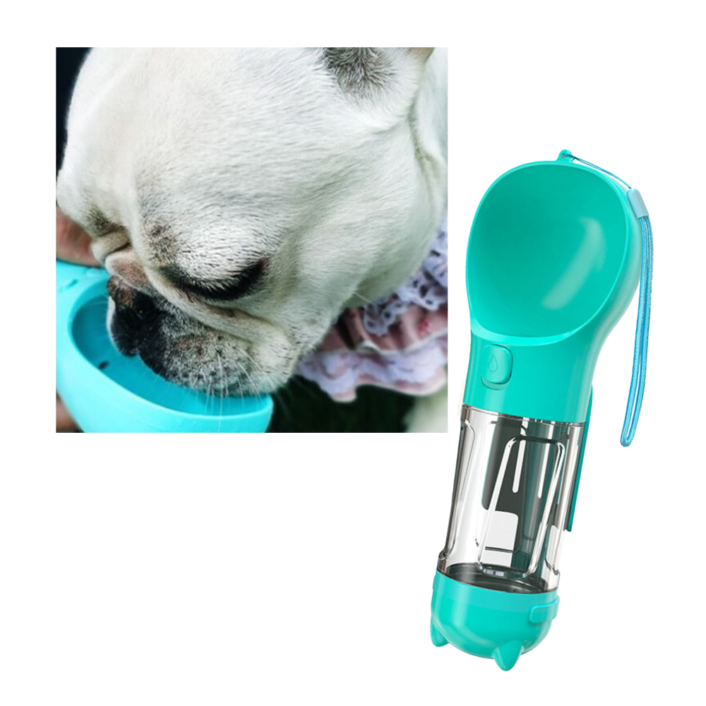 Dispenser de água e comida para animais da marca Peroptimist, com garrafas e recipientes para alimentação e hidratação.