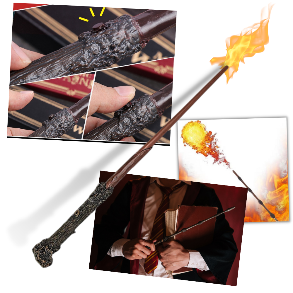 Varinha mágica de fogo Harry Potter da Huali, acessório de fantasia para cosplay com efeito de chamas.