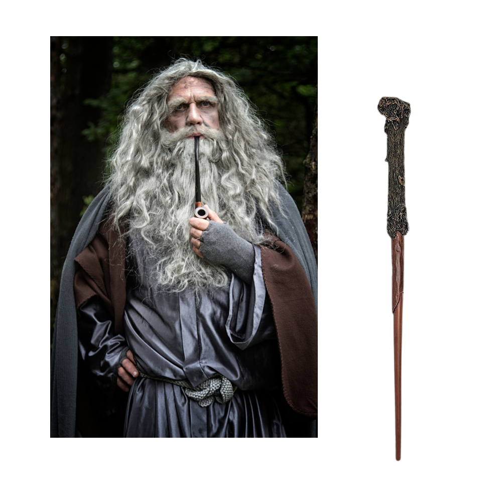 Baguette mágica de tiro de fogo Harry Potter da marca Huali, acessório de cosplay com efeito de fogo visível.
