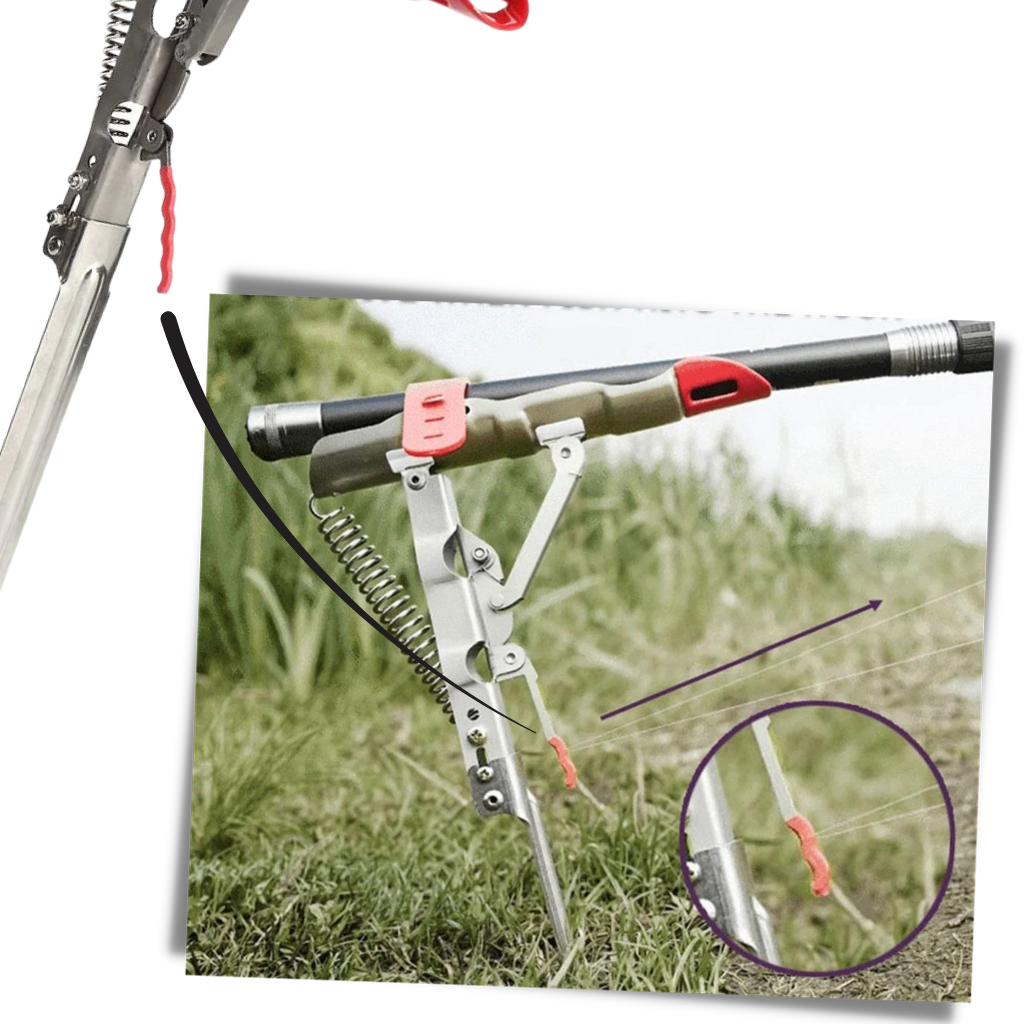 Suporte de canne de pêche Huitaisann com mola para fixar varas de pesca, vermelho, em uso ao lado de uma caixa de pesca.