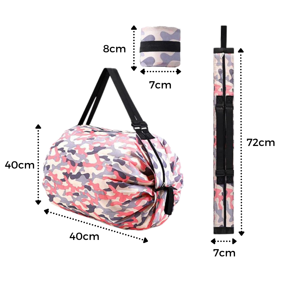 Sac de courses Tmgone, sac à provisions pliable et étanche, visible plié avec dimensions indiquées.