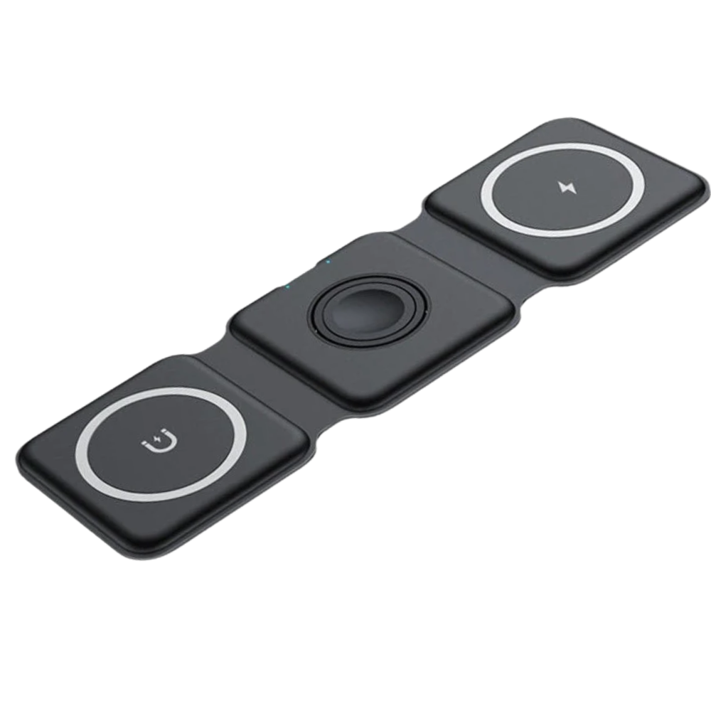 Carregador sem fio dobrável Etepehi preto, alimentação portátil e compacto para dispositivos móveis.