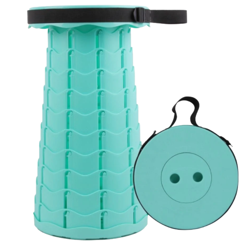 Taburete retrátil portátil verde da marca New Ruicheng, cadeira dobrável e compacta para fácil transporte e uso.