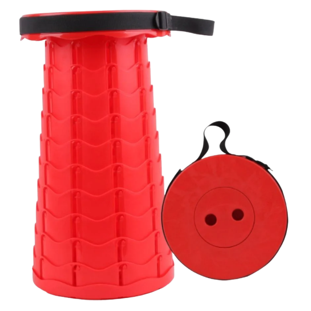 Taburete retrátil portátil vermelho da marca New Ruicheng, cadeira dobrável compacta e prática para uso em diferentes ambientes.
