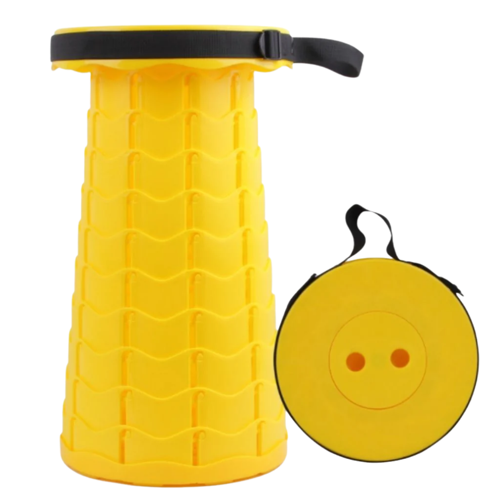 Taburete retrátil portátil amarelo da marca New Ruicheng, assento compacto e dobrável para uso fácil e prático.