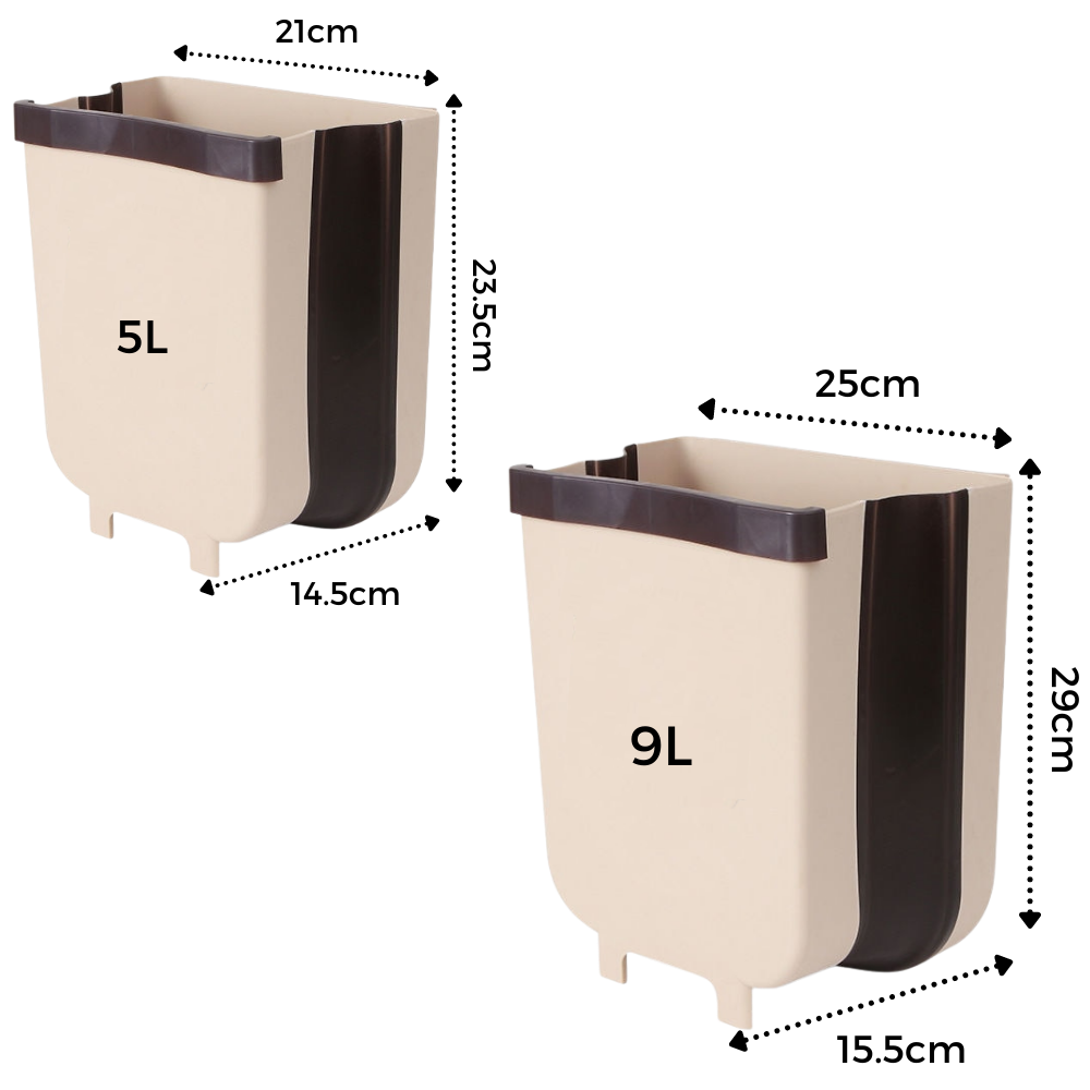 Lixeira suspensa multifuncional da Subekyu para cozinha, com design dobrável e dimensões compactas para organização eficiente.