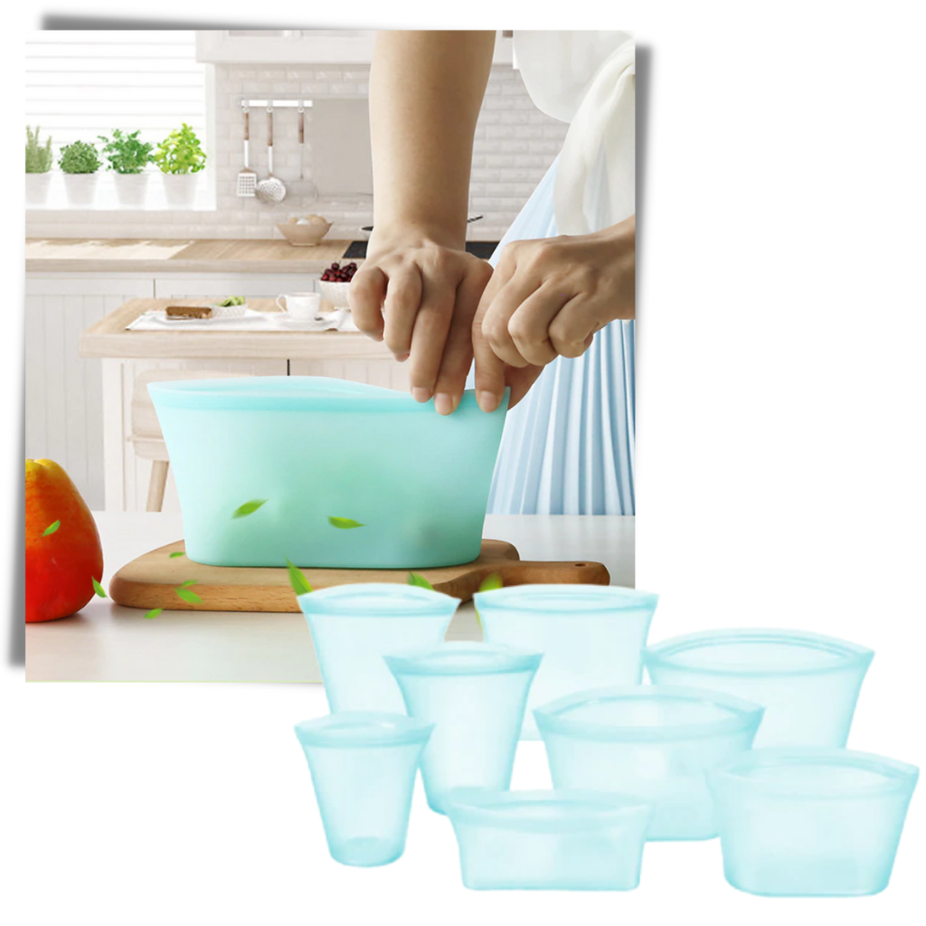 Conjunto de 8 sacos reutilizáveis de silicone para armazenamento de alimentos, marca A*Homeist, material de alta qualidade.
