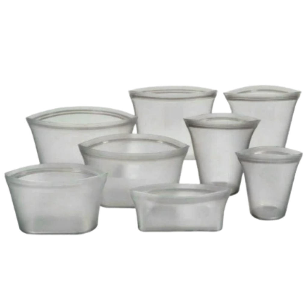 Conjunto de 8 sacos reutilizáveis de silicone cinza para armazenamento de alimentos A*Homeist, duráveis e ecológicos.