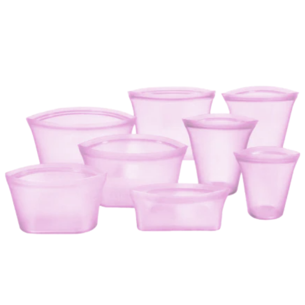 Conjunto de 8 sacos de silicone reutilizáveis para armazenamento de alimentos, marca A*Homeist, sacos rosados em imagem.