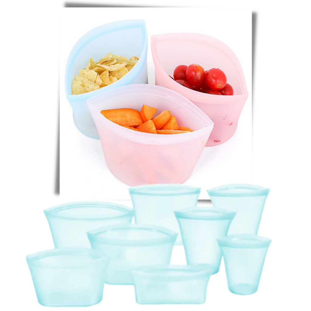 Conjunto de 8 sacs reutilizáveis de silicone para armazenamento de alimentos, da marca A*Homeist, na imagem.