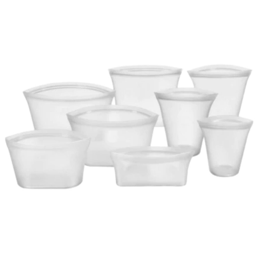 Conjunto de 8 sacos de silicone reutilizáveis para armazenamento de alimentos, marca A*Homeist, em cor branca.
