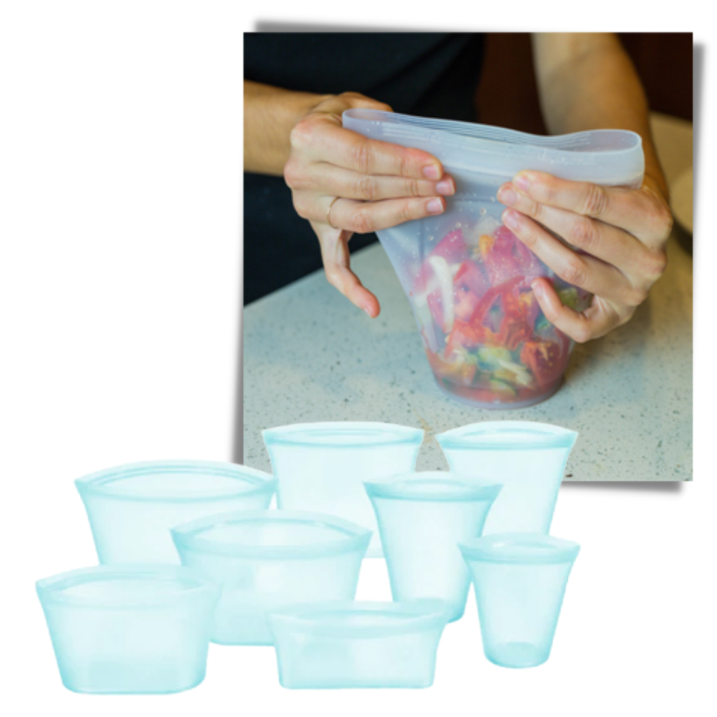 Conjunto de 8 sacos reutilizáveis de silicone para armazenamento de alimentos, com fechamento zip e vedação à prova de vazamentos.