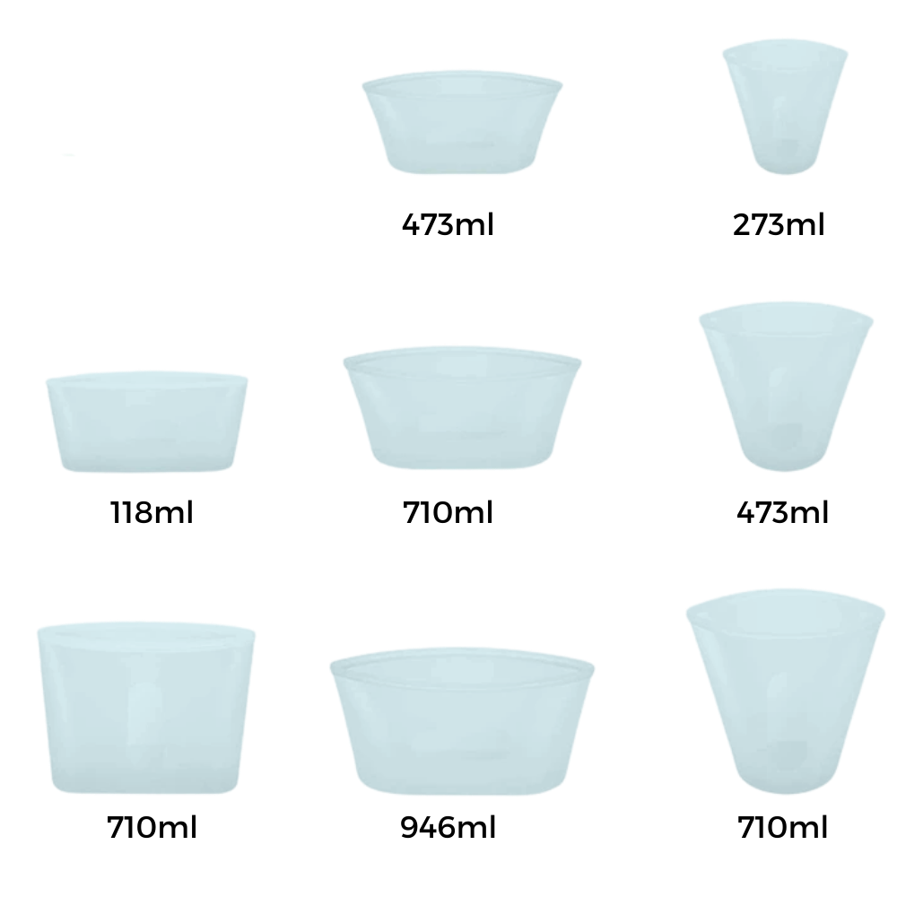 Conjunto de 8 sacos de silicone reutilizáveis para armazenamento de alimentos da A*Homeist, em diferentes tamanhos.