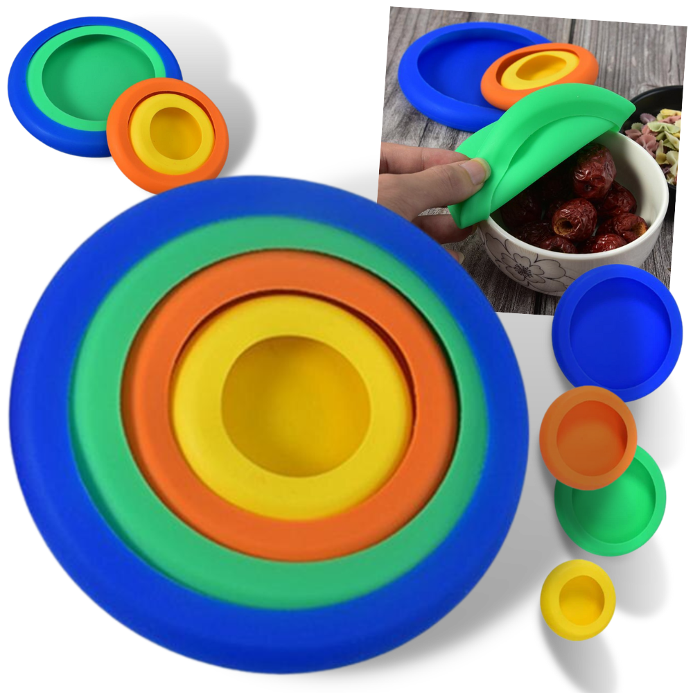 Conjunto de 4 tampas de silicone para alimentos, utensílios de cozinha e confeitaria, marca Oavqhlg3B, coloridas e flexíveis.