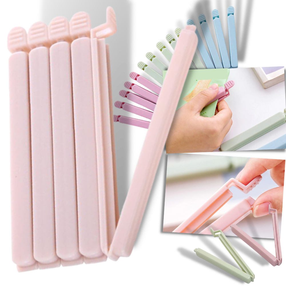 Conjunto de 15 clips de vedação para sacos de alimentos, marca Colcolo, usados para manter alimentos frescos e bem fechados.