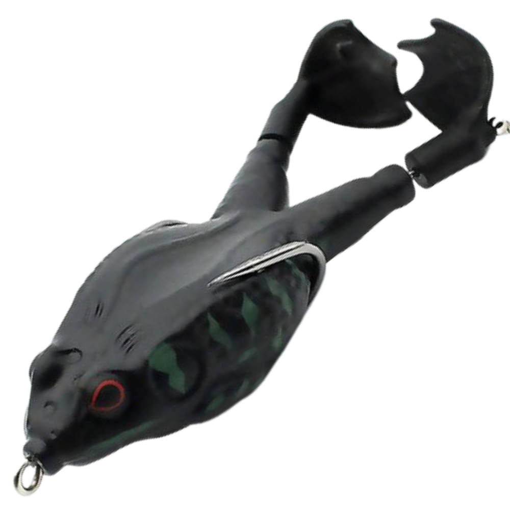 Isca de pesca em silicone em forma de rã da marca Awesitey, preta, para pesca esportiva, com 100mm de comprimento.
