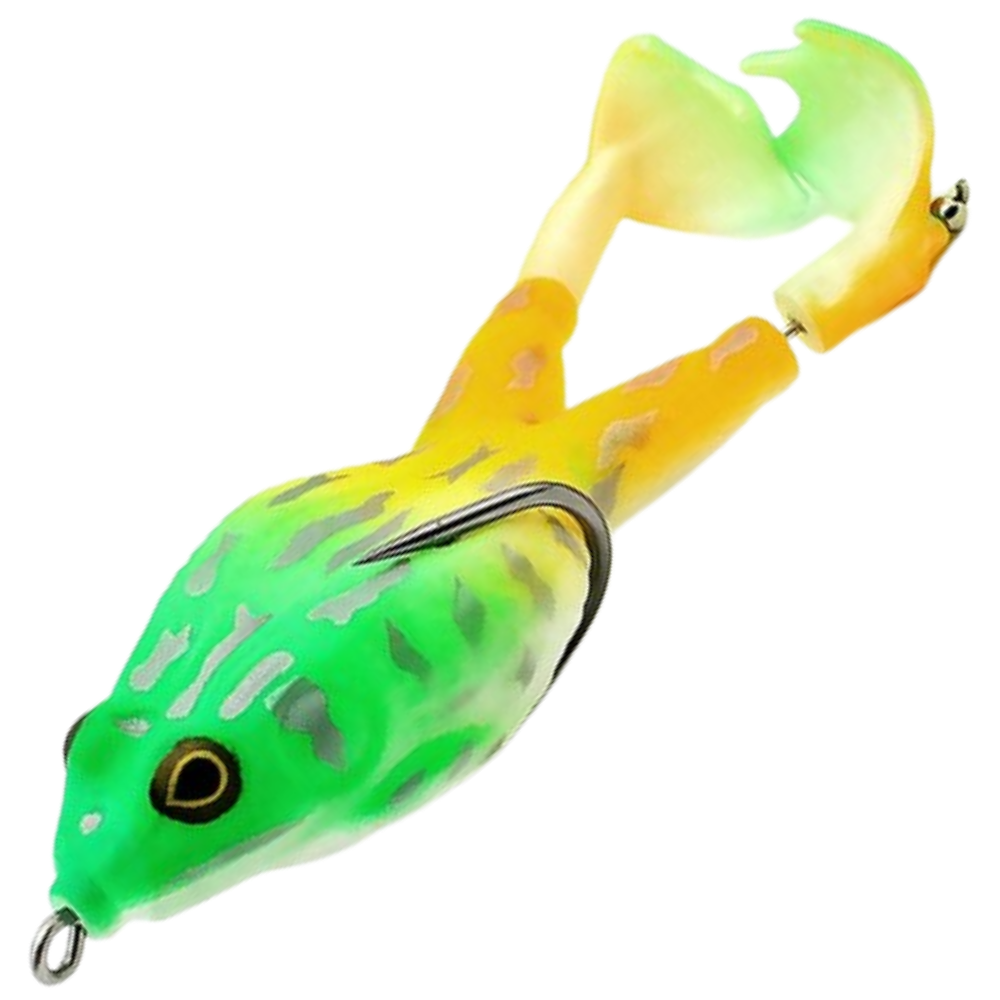 Iscas de silicone para pesca em forma de rã, modelo Awesitey, em verde e amarelo, com detalhes realistas para atrair peixes.