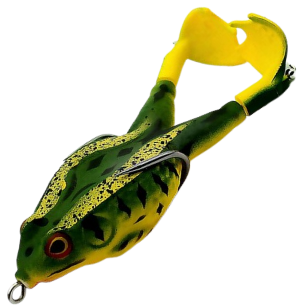 isca de silicone para pesca em forma de rã, marca Awesitey, com listras amarelas, medindo 100mm, ideal para pesca esportiva