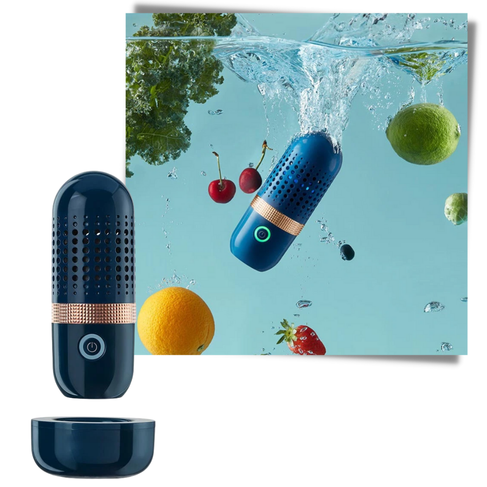 Máquina de desinfecção sem fio para frutas e legumes, eletrodoméstico de cozinha da marca Chuhedianzi, mostrando o aparelho em uso.