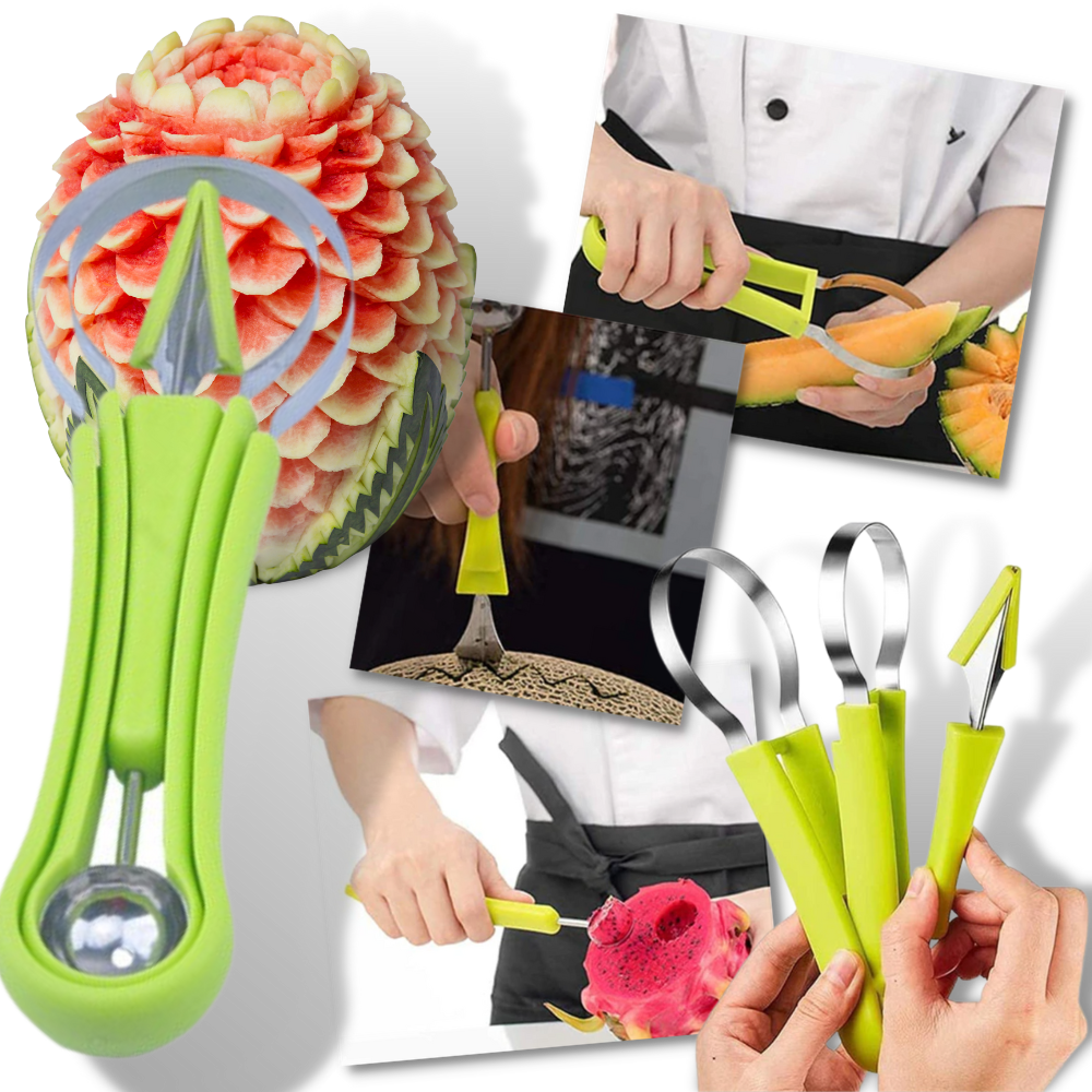 Conjunto de utensílios de cozinha Liveday para cortar e fatiar frutas, incluindo facas e acessórios práticos.