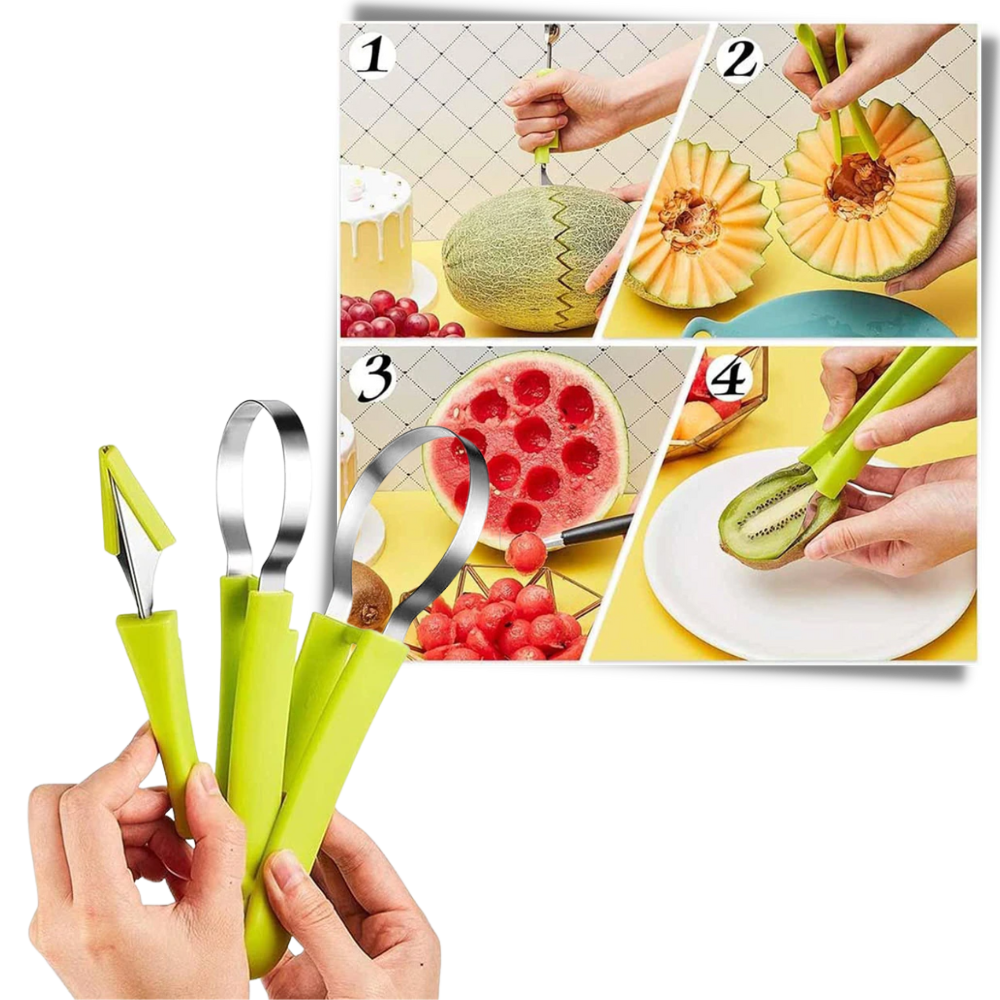 Conjunto de utensílios de cozinha Liveday para cortar e fatiar frutas, incluindo facas multifuncionais e acessórios.