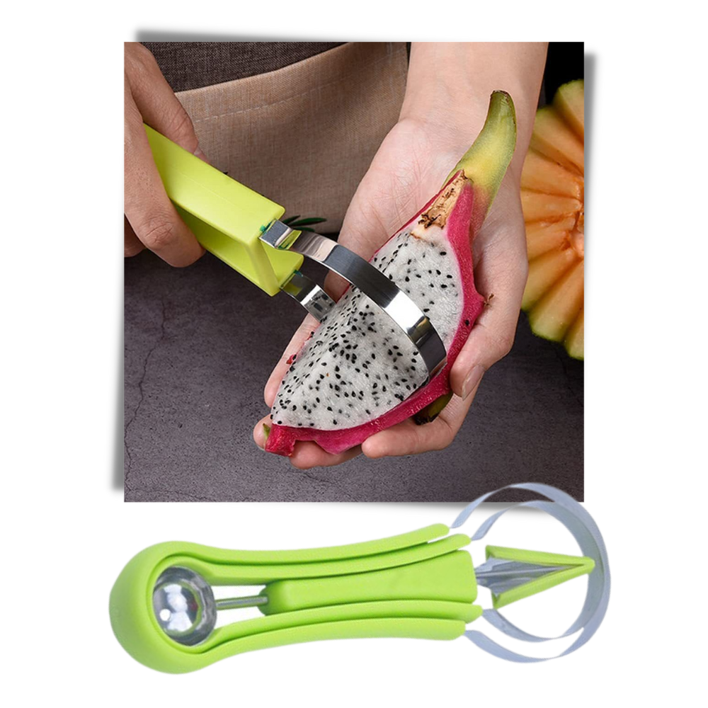 Conjunto de utensílios de cozinha Liveday para cortar e fatiar frutas, incluindo faca segura e acessório de corte.
