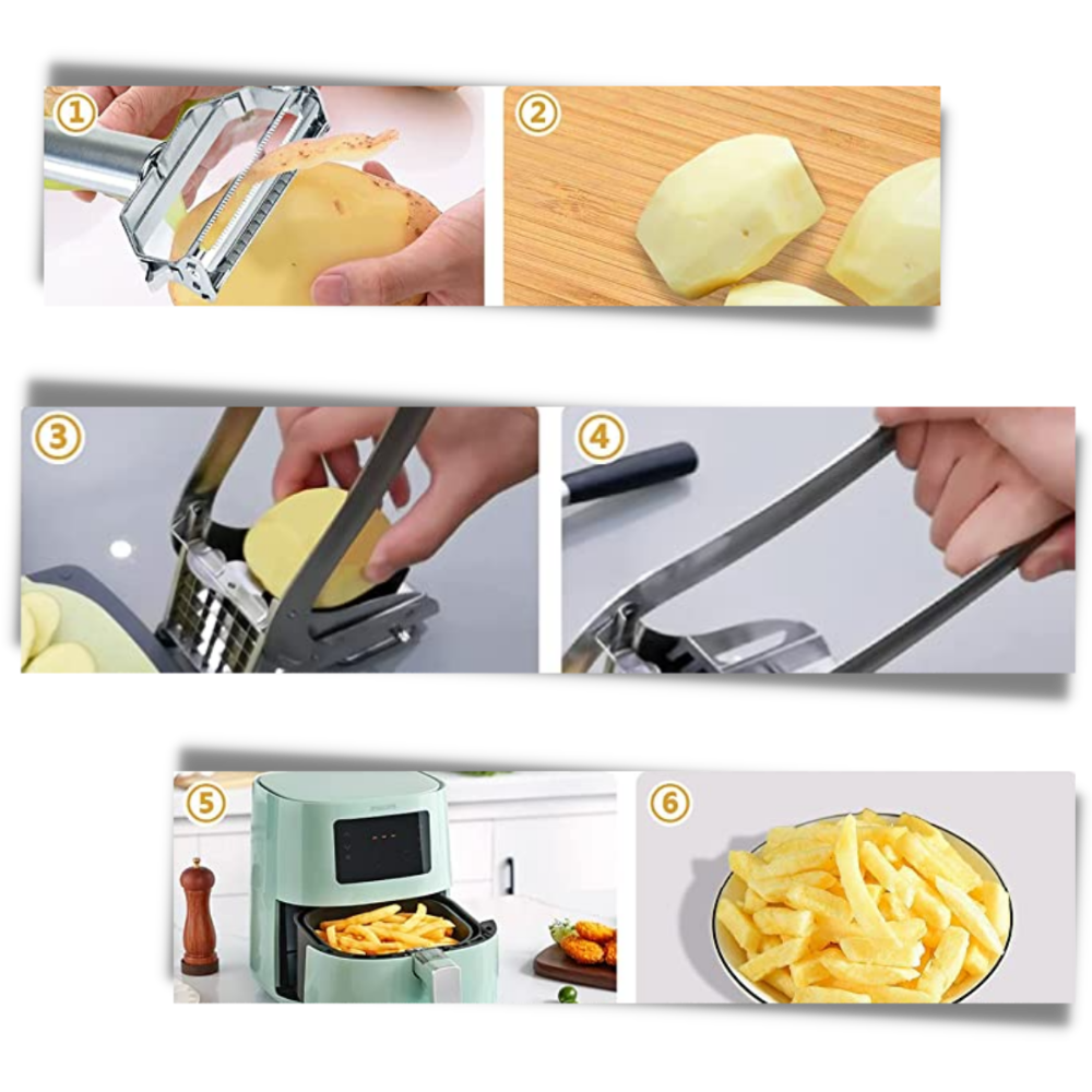 Cortador de batatas da marca Duety, utensílio de cozinha para cortar batatas em formato de fritas, fácil de usar.
