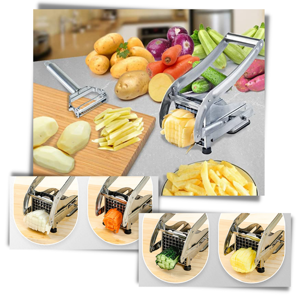 Faca para cortar batatas fritas Duety, utensílio de cozinha versátil com lâmina de aço inox para preparar batatas cortadas.