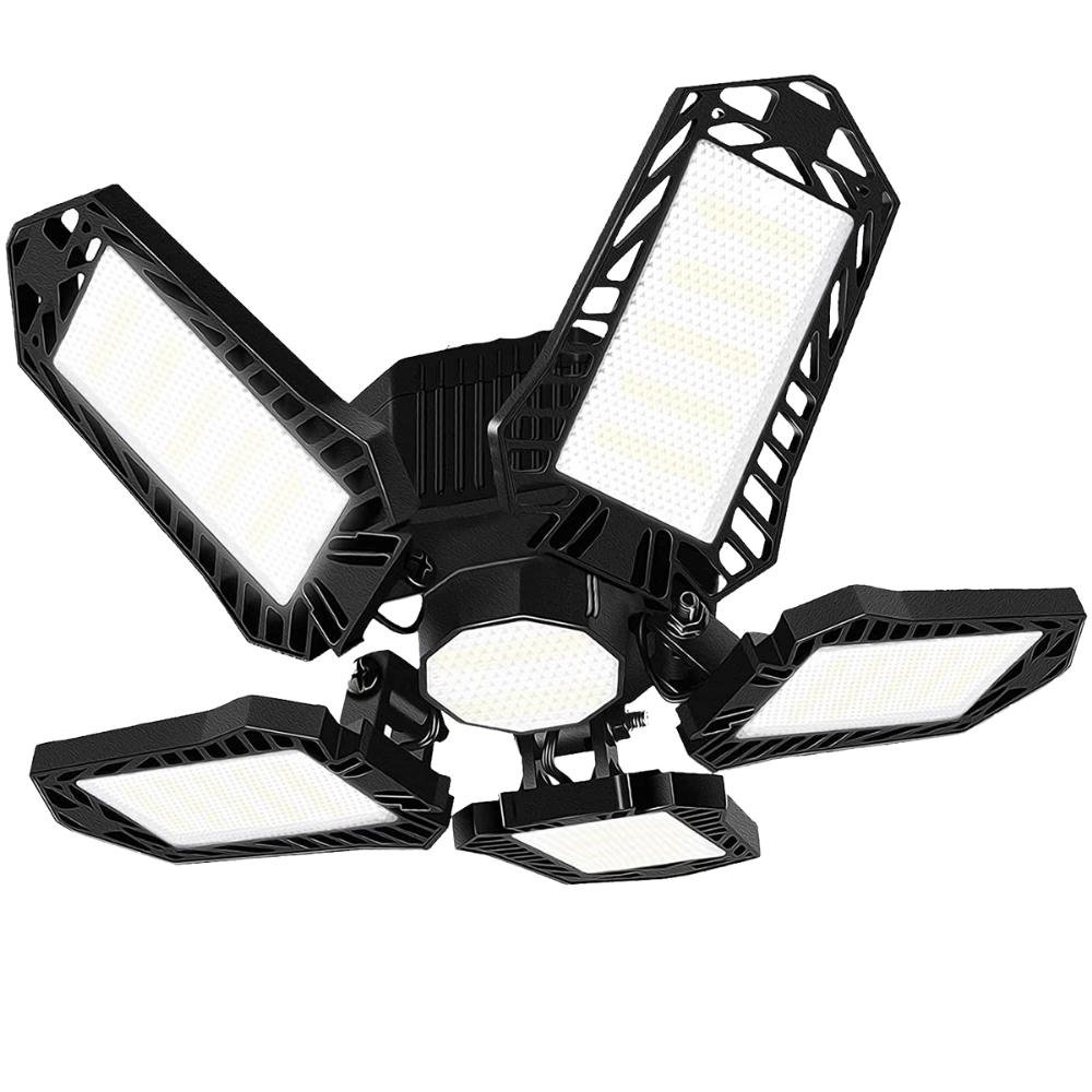 Luminária de garagem Jocestyle com 5 painéis dobráveis, iluminação ampla e ajustável para ambientes de garagem.