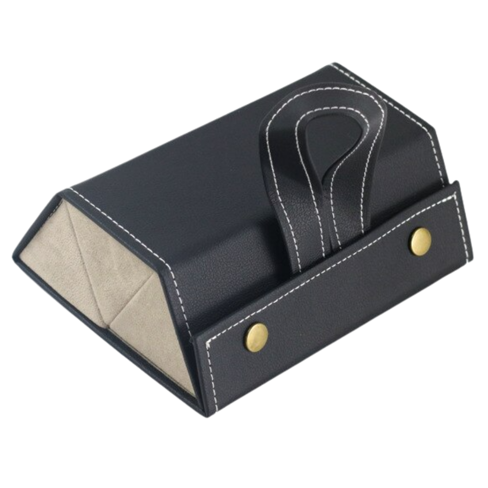 Caixa de armazenamento para óculos Linfan preta, organizador de acessórios com espaço para lentes e proteção.